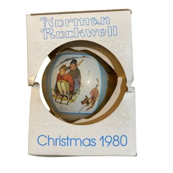 Vintage Norman Rockwell Christmas 1980 glass sled, riding ornament in box - Picture 1 of 4